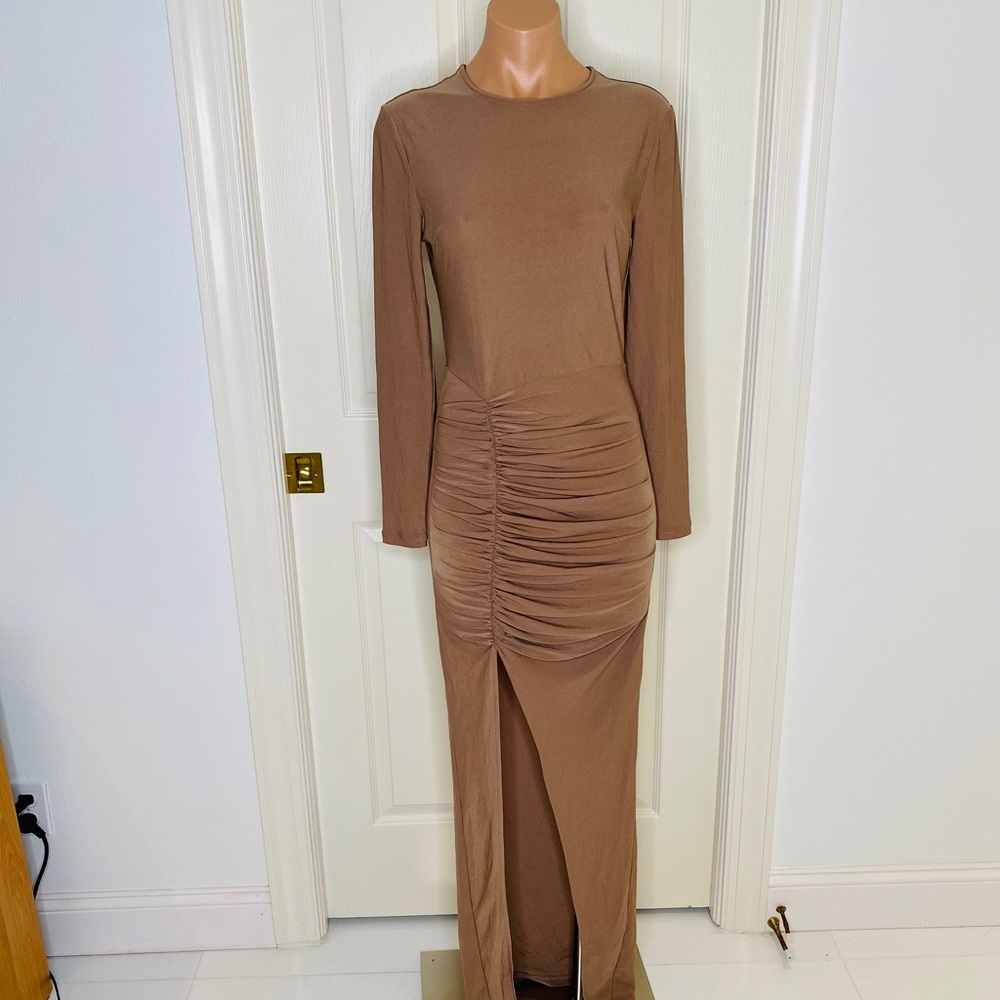 Mistress rocks long gown mesh neutral color dress